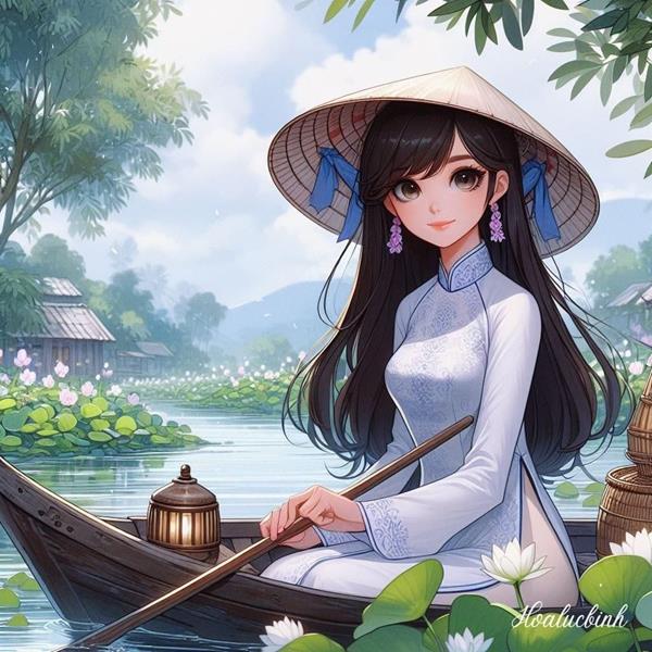 Hình vẽ cô gái đội nón lá chèo thuyền