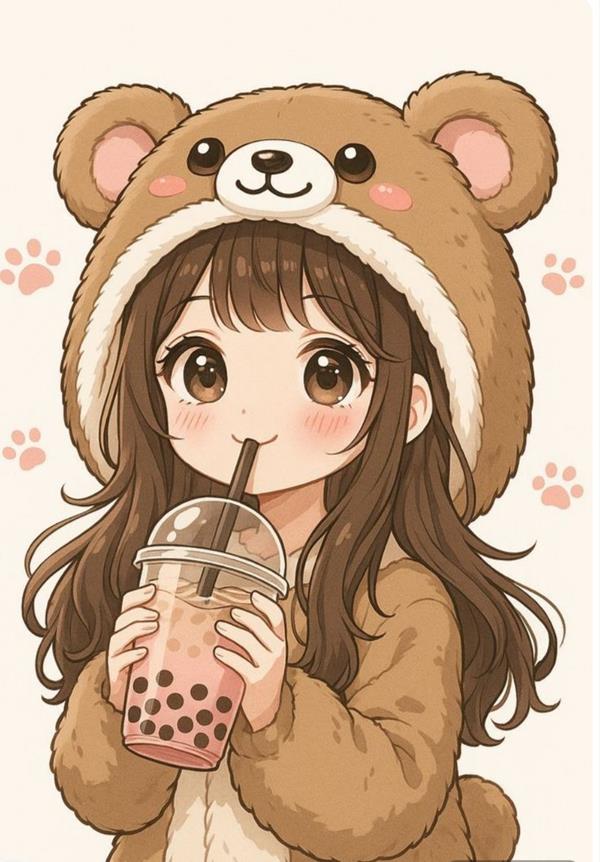 Hình vẽ em bé cute uống trà sữa