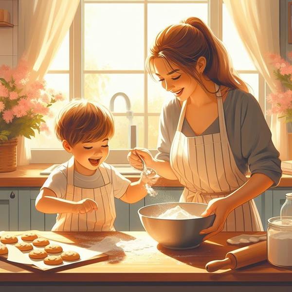 Ảnh mẹ và bé cùng nhau nấu ăn hoạt hình 