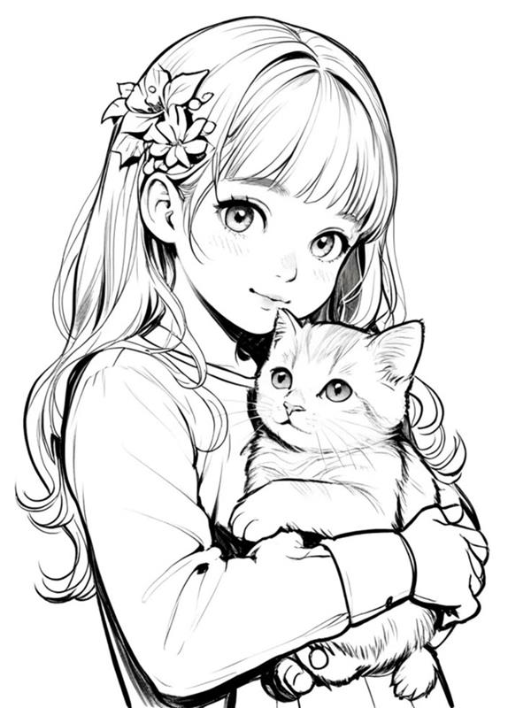 Tranh tô màu gái cute và mèo con