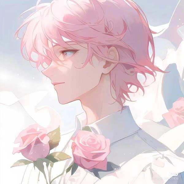 Hình anime nam màu hồng cầm hoa đẹp