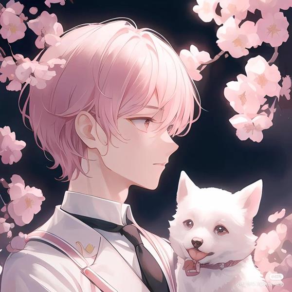 Hình anime nam màu hồng dễ thương cùng cún con
