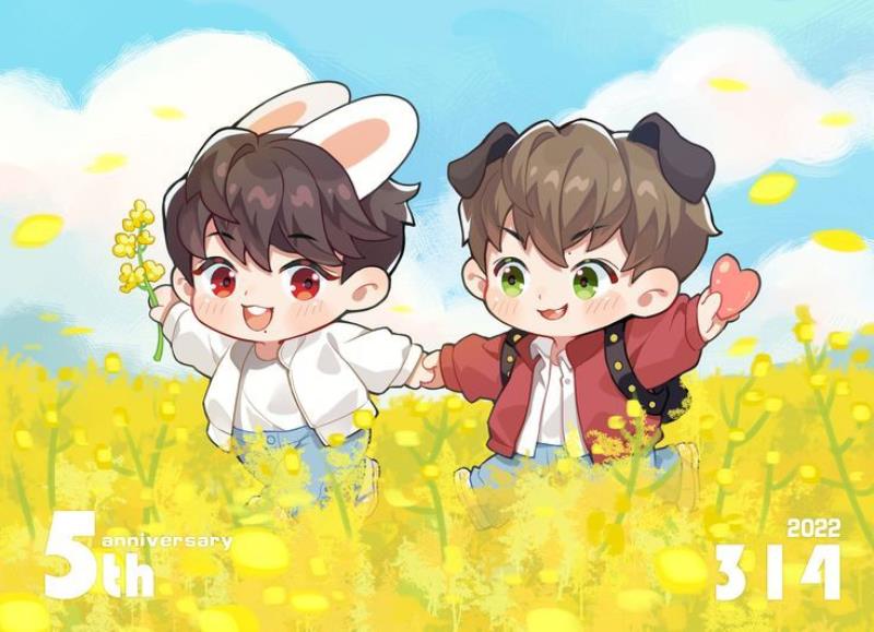 Hình nền chibi nam trên cánh đồng hoa