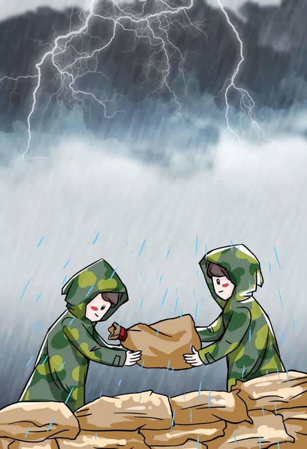Hình vẽ chú bộ đội đơn giản mùa bão lũ