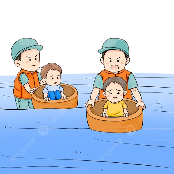 Hình vẽ chú bộ đội đẹp đưa các em nhỏ vùng ngập lụt