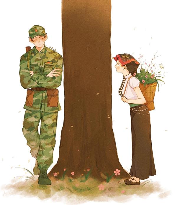 Vẽ hình ảnh chú bộ đội và cô gái Thái