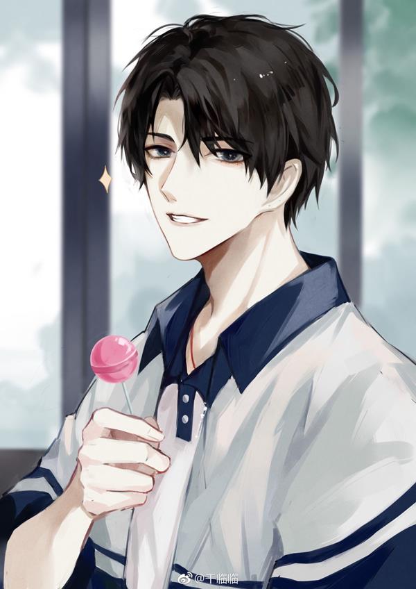 Hình anime nam học sinh cầm kẹo cute