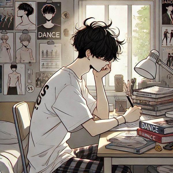 Ảnh anime nam ngồi học tập trung bên cửa sổ