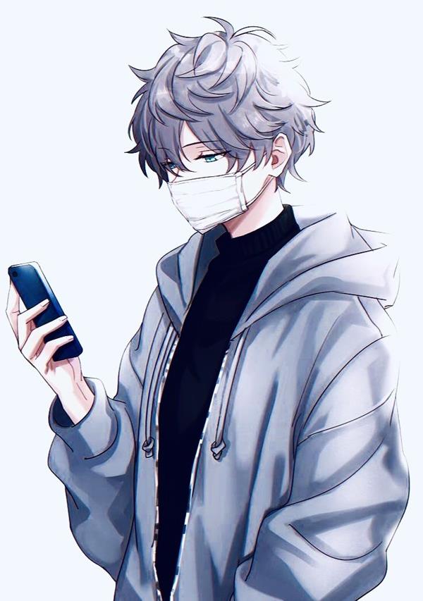Hình anime nam đeo khẩu trang trắng xem điện thoại