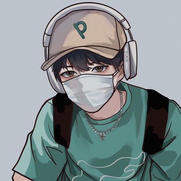 Hình anime nam đeo khẩu trang trắng đeo tai nghe
