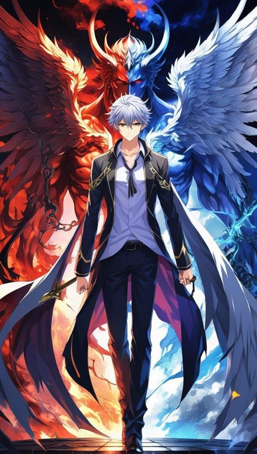 Hình nền trai anime ngầu với đôi cánh lửa và băng