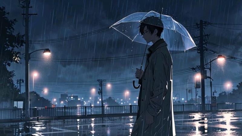 Hình nền buồn tâm trạng nam che ô dưới mưa