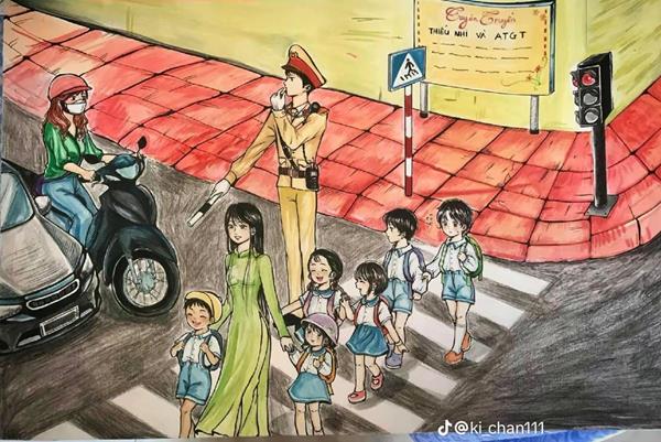Hình vẽ chú cảnh sát giao thông giúp các bạn học sinh qua đường