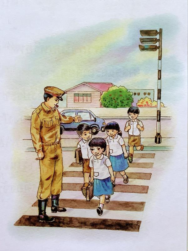 Hình vẽ chú cảnh sát và các bạn học sinh đi học