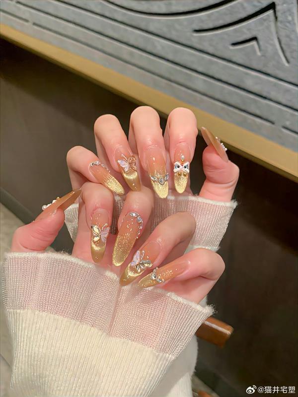 Kiểu nail mắt mèo đính đá 2