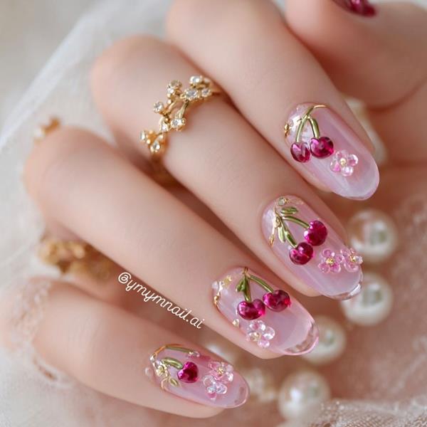 Nail màu hồng thạch đính đá 1